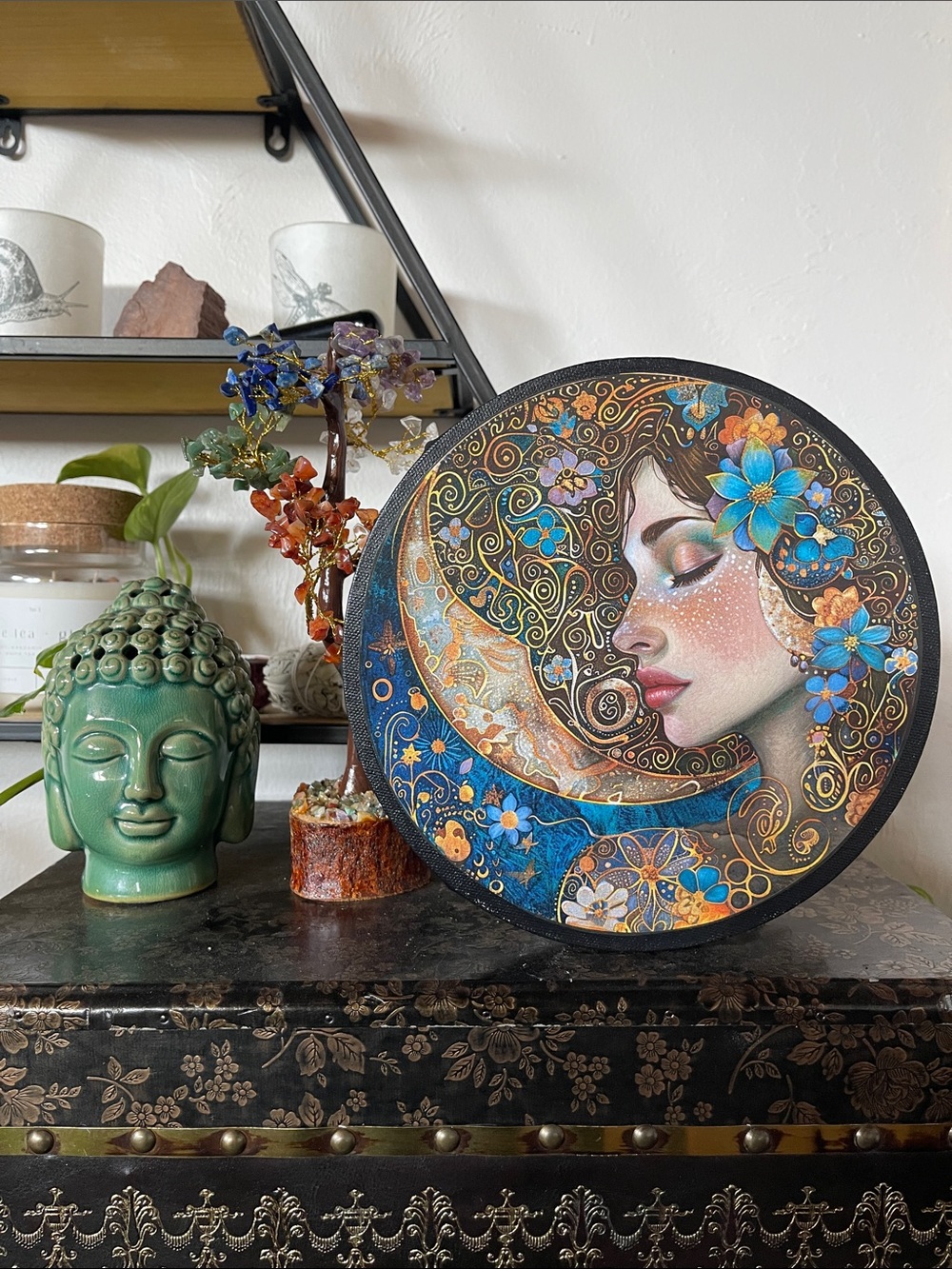 Decorative Round Wall Art - Blue Floral Moon Woman